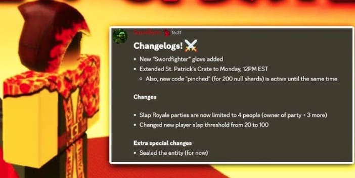 Slap Battles Update Swordfighter Glove, Gameplay Changes, & Redeem Code